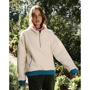 Free People Movement Over The Rainbow Pullover Fleece Sweater Size S Ivory Blue